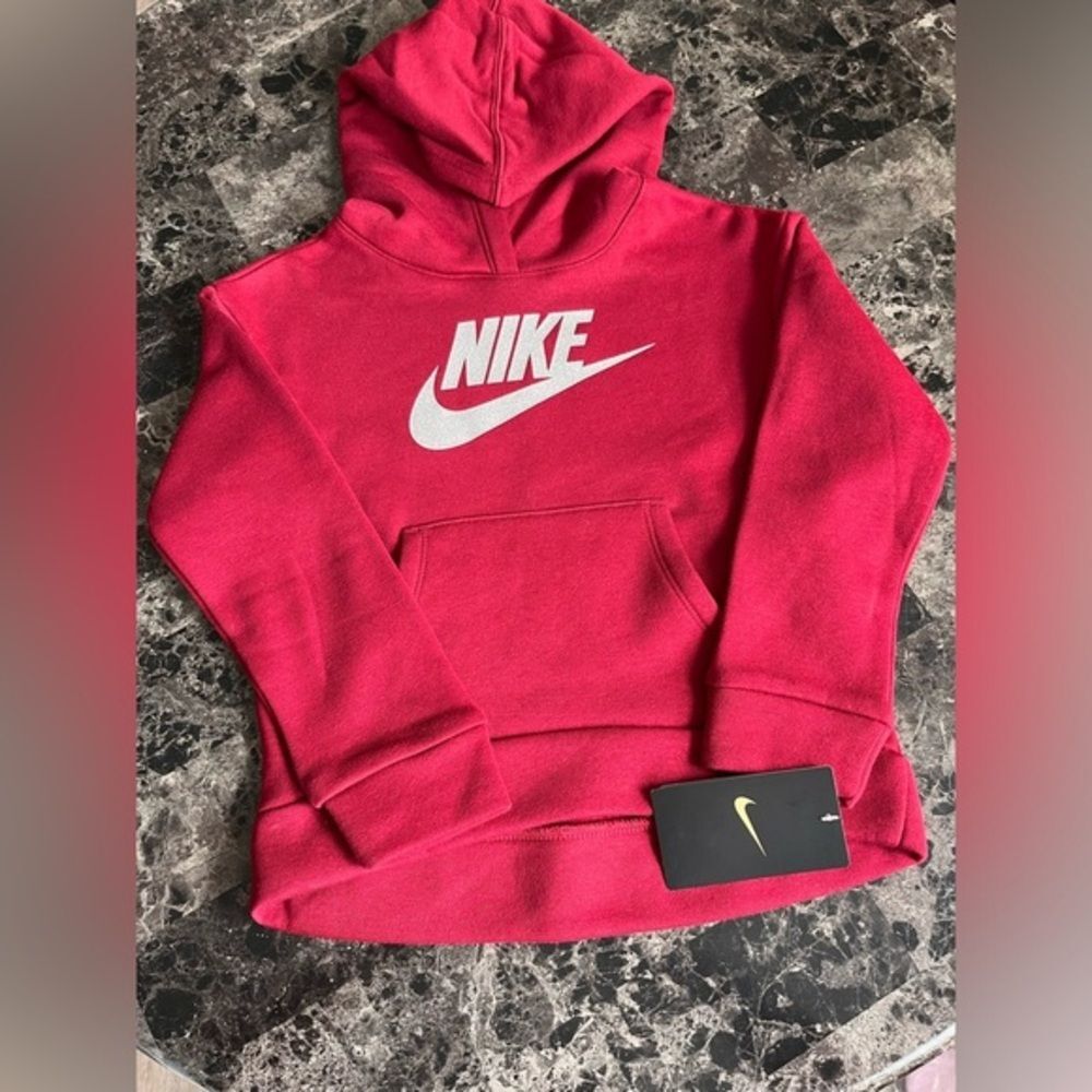 Nike Kids Front Signature Logo Kangaroo Hoodie Sweater Cotton Red 6-7yrs